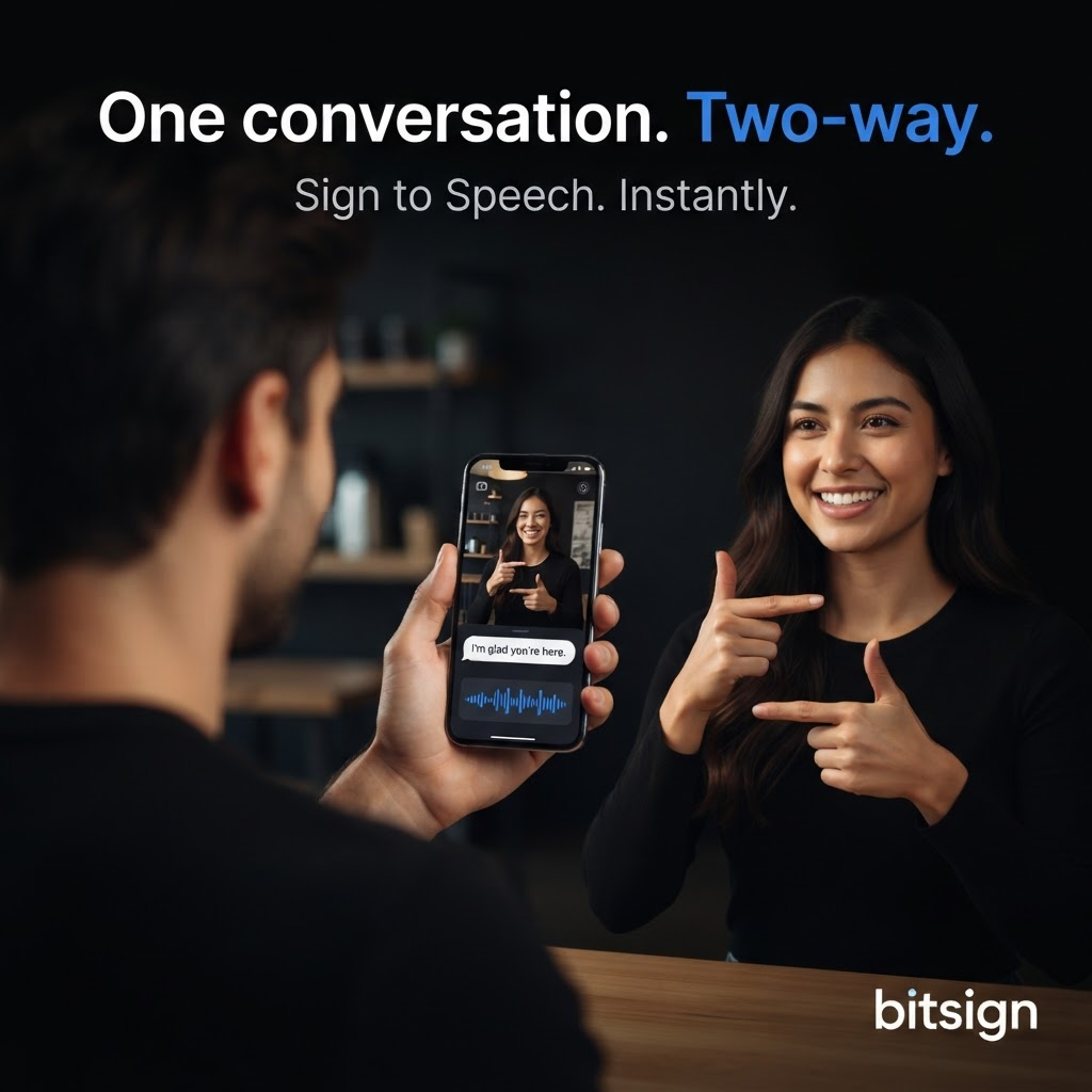 Two adults in conversation, one signing, with bitsign translating sign to speech on a phone in real time