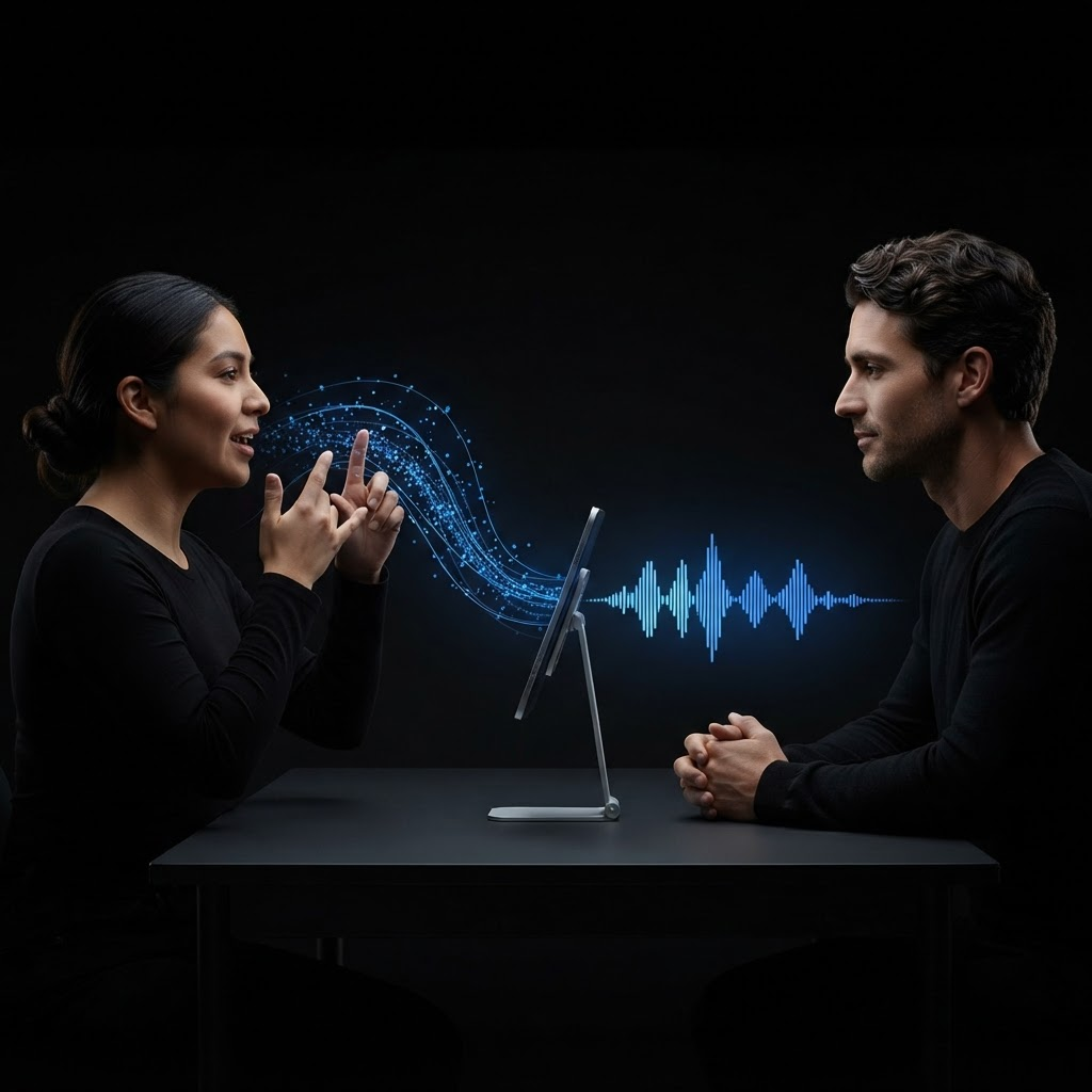 A woman signing as her gestures stream into a device and emerge as spoken sound for the person listening across the table