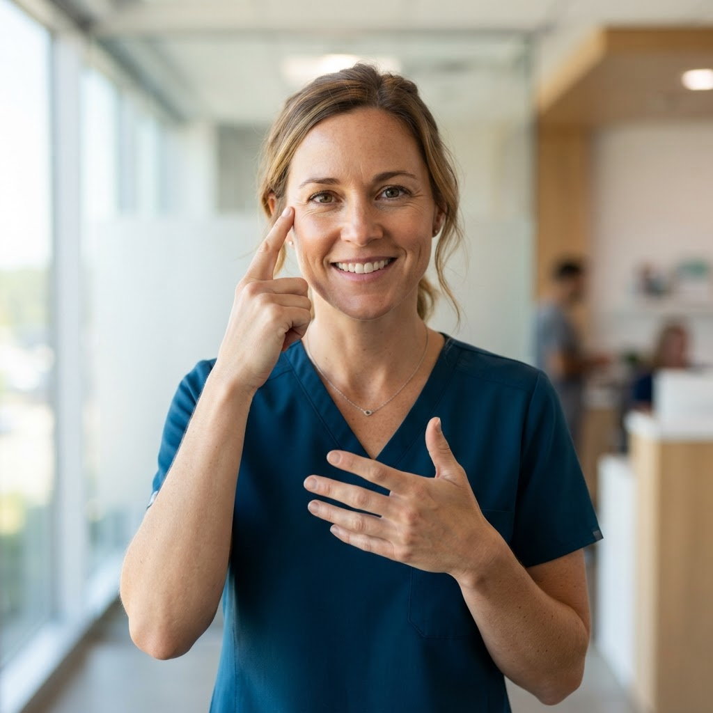 A person signing in American Sign Language, captured live by the front camera